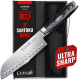 Santoku Knife – Ultra Sharp 5 Inch Meat and Vegetable Japanese Knife for Chopping, High Carbon Stainless Steel Blade, Full Tang Pakkawood Handle – Shinobi Series