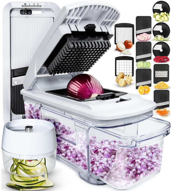 All-in-1 Vegetable Chopper, Mandoline Slicer & Cheese Grater - French Fry Cutter & Veggie Dicer (6 in 1, Black/White) fullstar