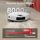 Yeedi C12 Plus Robot Vacuum & Mop, 8000Pa Powerful Suction, 7-Week Bagless Bin, PureCyclone & ZeroTangle Brush, Smart App Control, Auto-Charging, White