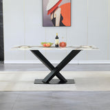 Maotifeys Modern Faux Marble Dining Table for 6, Rectangle 70" Pandora Marble Grain Tempered Glass Kitchen Table for 4-6, Luxury Dining Room Tables with Black Carbon Steel X-Base for Home Apartment