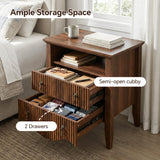 FUSUNBAO Set of 2 Nightstand with Charging Station, Vintage Bedside Table with 2 Fluted Drawers and Open Shelf, Rustic End Table with Power Outlet and USB Ports for Bedroom, Walnut