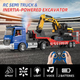 Fistone RC Semi-Trailer Truck & Friction Powered Excavator Toy Set, 1:24 Scale with Sound and Lights, 6 CH Remote Control Flatbed Truck and Inertia-Powered Excavator Toys for Kids Boys, Blue