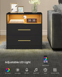 VASAGLE Custos Collection - 23.6 Inch Wide Nightstand with Charging Station, LED Lights, Modern Night Stand, Side End Table with Drawers, Open Shelf, 2 AC Outlets USB Ports, Ink Black