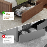 Uteeran King Size Bed Frame and Tall Headboard & Storage, Metal Platform Bed Frame with 4 Storage Drawers, King Bed Frame with LED Lights & Charging Ports, No Box Spring Needed, Noise-Free, Brown