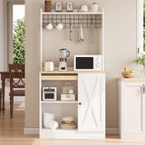 IRONCK Bakers Rack with Pull Out Shelf and Power Outlet, Microwave Stand with Adjustable Shelves & 5 Hooks, Barn Doors, Kitchen Pantry Coffee Bar Cabinet for Kitchen Dining Room, White