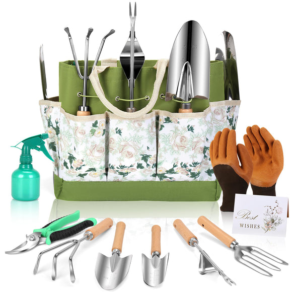 10-Piece Heavy Duty Garden Tool Set for Women, Rust-Proof Gardening Hand Tools with Durable Garden Tools Organizer Handbag
