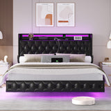 Keyluv Full Floating Bed Frame with LED Lights & Charging Station, Upholstered PU Leather Platform Bed with Button Tufted Storage Headboard, No Box Spring Needed, Noise-Free, Easy Assembly, Black