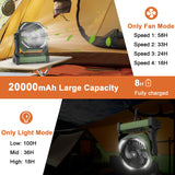 KITWLEMEN Camping Fan with LED Lantern, 20000mAh Rechargeable Battery Operated Outdoor Tent Fan with Light & Hook, 4 Speeds, Personal USB Desk Fan for Camping, Power Outage, Hurricane, Jobsite KITWLEMEN