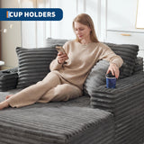 GarveeHome 64in Oversized Corduroy Fabric Bone-Free Sofa Bed Cloud Sofa with Cup Holders and Pillows Comfortable Deep-Seat Sleeping Sofa Chair Suitable for Apartments, Living Rooms, Bedrooms - Gray
