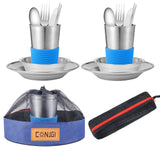 Camping Dinnerware Set Stainless - Camping Mess Kit Includes Cups, Bowls, Dishes, Knives, Forks, Spoons, Etc, Camping Tableware Set with Mesh Bag is Easy to Carry（2-Person Set Blue）