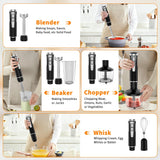 Cordless Immersion Blender Handheld, 4-in-1 Cordless Hand Blender with 500ml Chopper, 600ml Beaker & Egg Whisk, 8 Speeds, USB Rechargeable Handheld Blender Cordless – Smoothies, Baby Food (Black)
