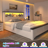 EnHomee Queen Bed Frame with Headboard and Storage, 4 Drawers and LED Built in Charging Station with Storage Farmhouse,Noise-Free,No Box Spring Needed, White