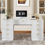 Vabches 59 Inch Fluted Computer Desk with 9 Drawers, White