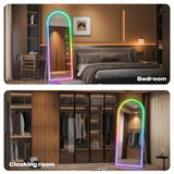 Hasipu 78.7" x 35.4" Arch LED RGB Bluetooth Full Length Mirror with Stand ＆ 7 Color Lighting Modes, Full Body Mirror with White Frame for Bedroom, Living Room, Dressing Room