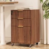 3 Drawers Fluted Mobile File Cabinet with Lock, Rolling File Cabinet Printer Stand Table, Under Desk Wooden Filing Cabinets for Home Office Essentials Storage Organization Furniture Letters/A4(Walnut)
