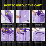 Foldable Utility Cart Folding Portable Rolling Crate Handcart with Durable Heavy Duty Plastic Telescoping Handle Collapsible 4 Rotate Wheels (Purple)