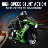 Liberty Imports 2.4G RC Remote Control Stunt Motorcycle with Riding Figure, 1:10 Scale High Speed Cross Country 360 Degree Rotation Drift Shockproof Racing Motorbike (Green)