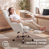 Daluvenix Cross Legged Office Chair with Flip Armrests，Big and Tall Executive Office Chair, 135° Reclining Criss Cross Chair with Footrest & Lumbar Pillow, Sink-in Cloud Cushion, Sherpa Fleece, White