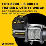 Novawinch Flex 8000 lb Utility Trailer Winch 12V Electric - IP68 Sealed Planetary Gearbox, 55.7 ft Wire Rope, Auto Load-Holding Brake, Waterproof Remote - Flatbed, Shop, Equipment, Car Hauler, SAE