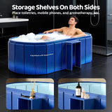 HLCZLUZ Portable Foldable Bathtub, Freestanding Bathtub No Installation, Bathroom SPA Soaking Bath Tub, Shower Stall Collapsible Hot & Ice Bath Tub (Blue with Storage Rack, 59"L x 21.6"W x 19.6"H)