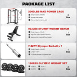 JELENS Power Cage, 2000LBS Multi-Function S11 Power Rack with LAT Pulldown, Squat Rack with Pulley System and More (190LB Black Weights Package)