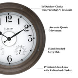 CLXEAST 24 Inch LED Illuminated Outdoor Clocks Waterproof with Thermometer & Hygrometer, Large Lighted Metal Wall Clock with Smart Night Light Sensor,Grey Oak Finish,House Warming Gifts New Home