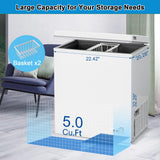rosmena Chest Freezer, Deep Freezer 5 Cubic Feet with Removable Baskets & 6 Adjustable Temperature & Top Open Door