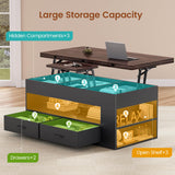 Itaar Lift Top Coffee Table, 4 in 1 Coffee Tables with Storage and Hidden Compartment, Farmhouse Coffee Table with 2 Fabric Drawers & LED Light for Living Room, Black