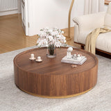 Round Coffee Table with Storage for Living Room, Wooden Circle Center Coffee Table with Drawers, Modern Accent Walnut Table for Bedroom Balcony Office, Fully Assembled (Brown)