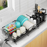 Pantasia Large Dish Drying Rack, Expandable Dish Rack for Kitchen Counter, Dish Drainer with Drainboard Set, Multifunctional Dishrack with Utensil & Cup Holder, 13.4"-28.7" L x 11.8" W x 7.8" H, Black