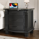 RECHHX Solid Wood Curved Nightstand with Charger Station, Water-Based Painted Bedside Tables with 3 Drawer Storage, Farmhouse End Table with Carved for Bedroom, Living Room, Black