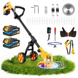 Electric Weed Wacker Cordless with Wheels,Electric Weed Eater Battery Powered,4 in 1 Grass Trimmer/Brush Cutter/Grass Edger/Small Lawn Mower,No String Trimmer with Metal Blade,2 Battery (Black Yellow)