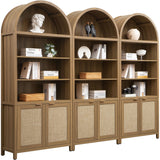 SICOTAS 84.2" Tall Arched Bookcase with Doors - 5 Tier Rattan Bookshelf