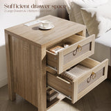 Curlaky Rattan Night Stand with Drawers - Boho Nightstand with Charging Station, Bedside Table with Storage Shelf, Accent Side Table End Tables Living Room, Wood Nightstands for Bedroom, Light Wood