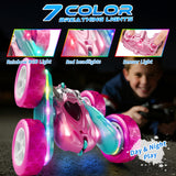 Zalneo RC Car Pink 4WD Remote Control Car 360° Flip Double‑Sided LED Light Bar & Quick‑Swap USB‑C Modular Battery, 2.4 GHz No‑Interference Popular Outdoor Beach Toy, Popular Gift for Girls Ages 6‑12
