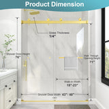 KPUY Frameless Shower Door, 43-48" W x 76" H Double Sliding Glass Shower Door, 1/4" (6mm) Thick Tempered Clear Glass with Explosion-Proof Film Nano Coating, Brushed Gold