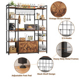 IRONCK Bakers Rack with Power Outlet, 54.7 Inch Coffee Bar Cabinet, Kitchen Bakers Rack with Storage, Microwave Stand with Shelves, Globlet Holder and 5 Hooks, Vintage Brown