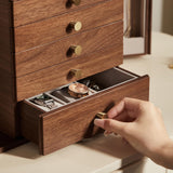 Homruilink Black Walnut Wooden Jewelry Box, Wood Jewelry Organizer with 2 Side Doors Mirror Lockable Classical Style for Watch Necklace Ring Earring Storage Gifts-6 Layer