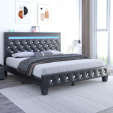 Holiway Full Size Bed Frame with LED Lights & Charging Station, Faux Leather Upholstered Platform Bed, Adjustable Crystal Button Headboard, Solid Wood Slats, No Box Spring Needed, Black