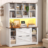 ADORNEVE Tall Farmhouse Bookshelf with Storage Drawers,White & Walnut