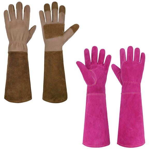2 Pairs of Pruning Gloves Long & Ladies Leather Gardening Gloves, Thorn Proof Gauntlet Gloves, Large