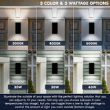 LUXRITE Dusk to Dawn LED Modern Outdoor Wall Lights, 12", Up or Up and Down Light, 3CCT 3000K-5000K, Waterproof Square Wall Sconce, 20/30/40W, Dimmable, IP65, ETL - Porch Patio Garage (2 Pack)