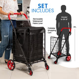 SereneLife Small Compact Folding Shopping Cart with Removable Waterproof Liner – 360° Swivel Wheels, Rust‑Proof Steel Frame (Red)