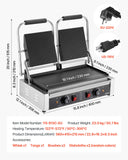 VEVOR Commercial Panini Grill, 3600W Electric Sandwich Panini Maker, Stainless Steel Double Sandwichs Press Grill with Handle and Temp Control, 19x9 in Flat Enamel Plate for Hamburger Steak Bacon