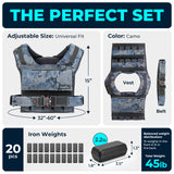 Gymnastics Power - Weighted Vest 6lb, 10lb, 12lb, 25lb, 35lb, 45lb, 60lb Removable Iron Weights for Men and Women Workout for Calisthenics and Fitness Sport Training (45 LB - Camo)