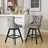 MOOLSUN A Set of 6 Blue Velvet bar stools - Classic Fixed Height Design, rotatable Button Group Seats, Perfect for Standard Kitchen Islands and Home Bars,Gray(Wood Leg)