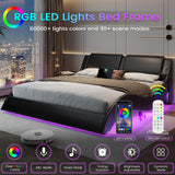 DICTAC Queen Bed Frame with Led Lights and Charging Ports Modern Upholstered Queen Size Platform Bed with Headboard Faux Leather Wave Like Curve Low Profile Platform Bed Frame,Wood Slats Support,Black