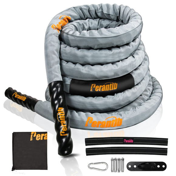 Perantlb Battle Rope with cloth sleeve -1.5/2 Inch Diameter 30' 40' 50' Lengths -Gym Muscle Toning Metabolic Workout Fitness, battle rope Anchor Strap Kit Included (1.5