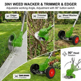21V Cordless Weed Wacker with Wheels, 3-in-1 Electric String Trimmer, Lawn Edger & Brush Cutter, Includes 2x2.0Ah Batteries & 3 Blades, Lightweight Adjustable Trimmer for Thick Weeds & Small Yards