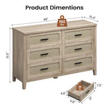 PIXOURA Rattan 6 Drawer Dresser for Bedroom, 48'' Wide Chest of Drawers with Metal Handles, Boho Dresser TV Stand, Wood Closet Dresser for Living Room, Hallway, Grey Oak